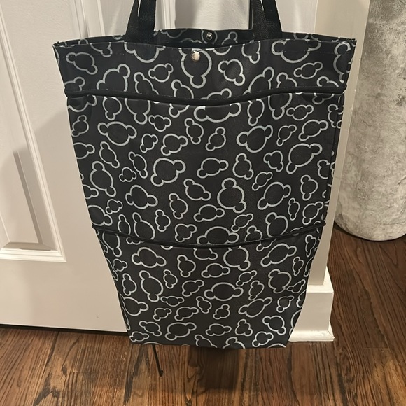 Foldable shopping bag with wheels reusable tote black and white - Picture 5 of 9